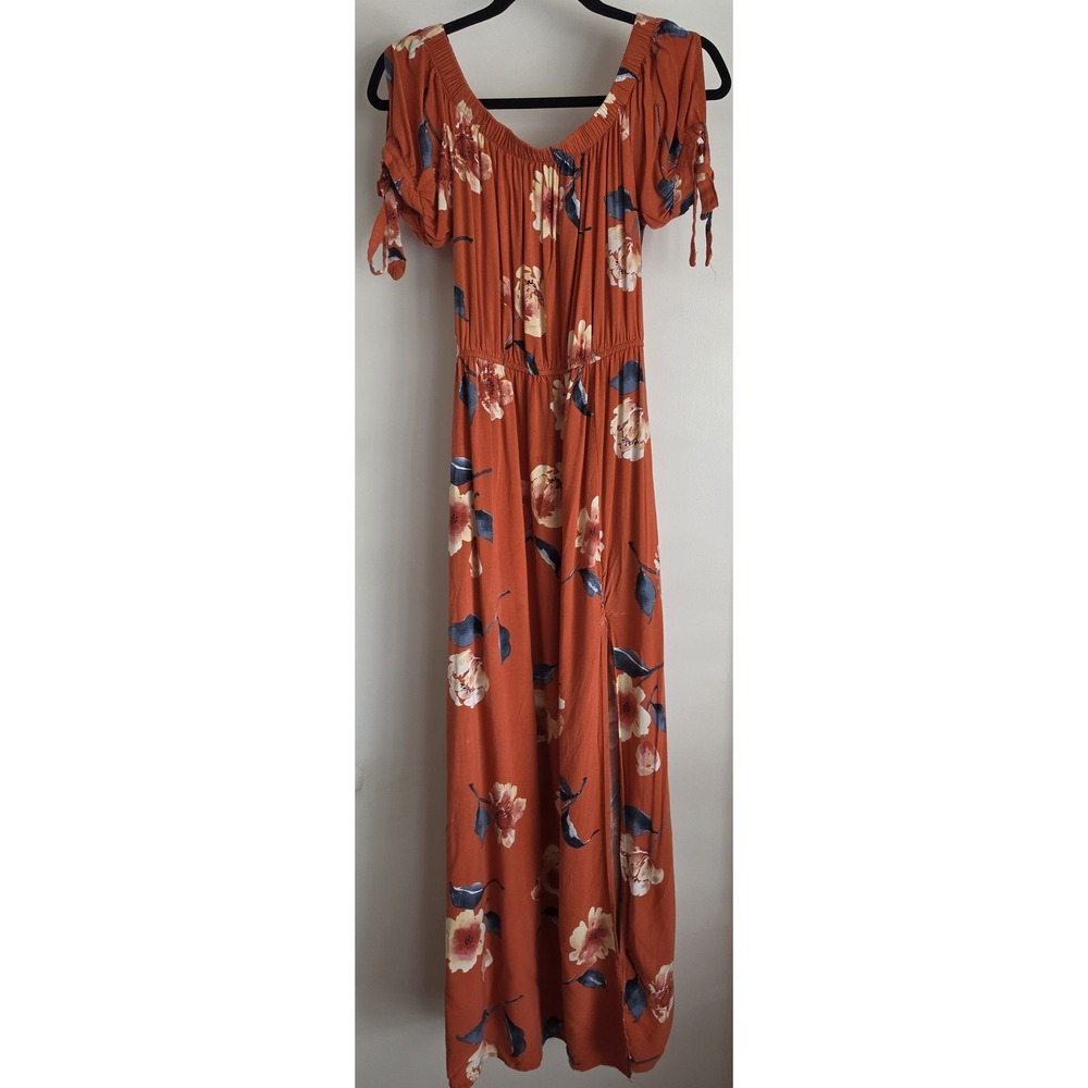 Band of Gypsies Maxi Dress M Floral Orange Short Sleeve Boho Gown Sundress